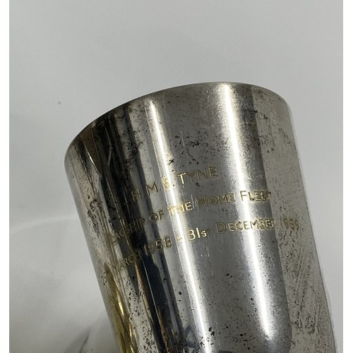 232 - A collection of pewter and silver plate tankards, including one engraved 'HMS Tyne' Flagship of the ... 