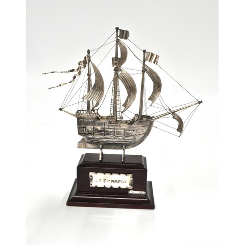 234 - Carrack Sailing ship 'La Santa Maria' on  wooden plinth, stamped MI 925. Approx height 11