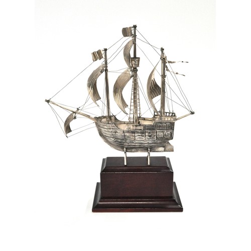 234 - Carrack Sailing ship 'La Santa Maria' on  wooden plinth, stamped MI 925. Approx height 11