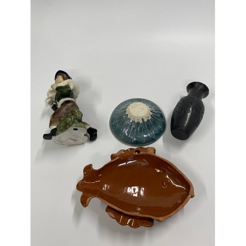 263 - Mixed pottery  to include Lladro style Shepherd ornament, drip glaze bowl, Mexican clay vase and ter... 