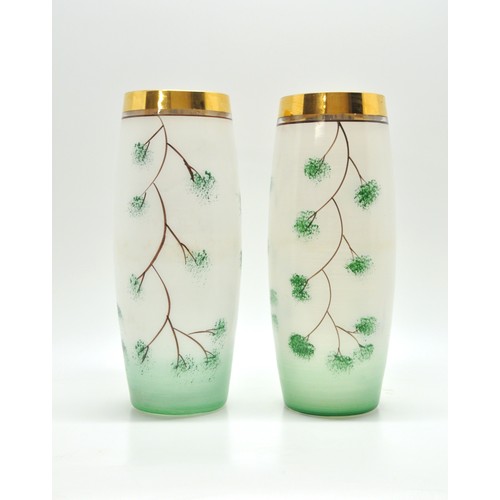 277 - A pair of retro/vintage flower vases, hand painted with gold coloured rim, approx H25cms