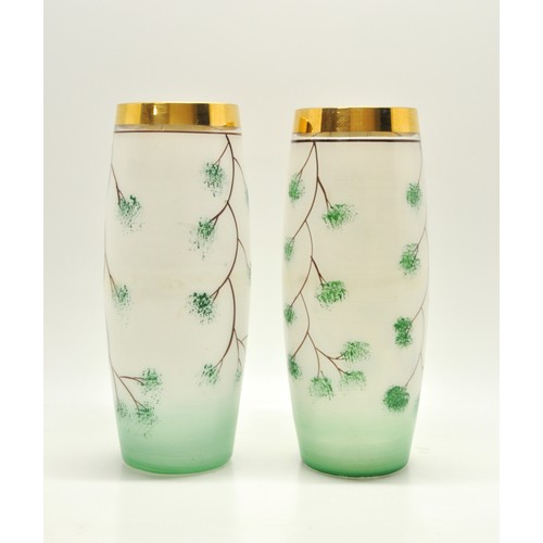 277 - A pair of retro/vintage flower vases, hand painted with gold coloured rim, approx H25cms