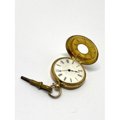 285 - Small half hunter 18k pocket watch, case marked H.S.H, serial no. 83629. Total gross weight approx 3... 