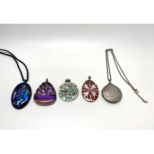 295 - Group of silver and glass substantial pendants together with large silver locket and chain