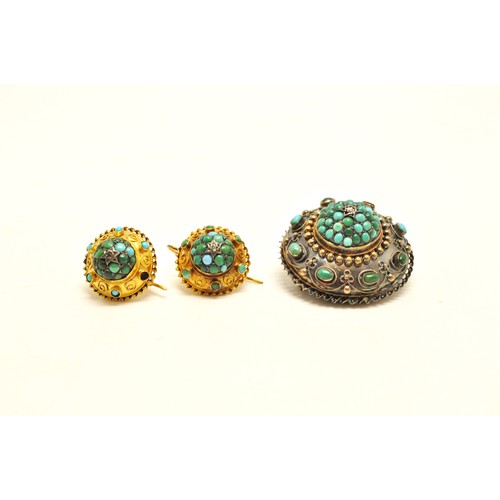 302 - Victorian 15ct turquoise and diamond brooch (approx 38mm) together with matching earrings. A/F