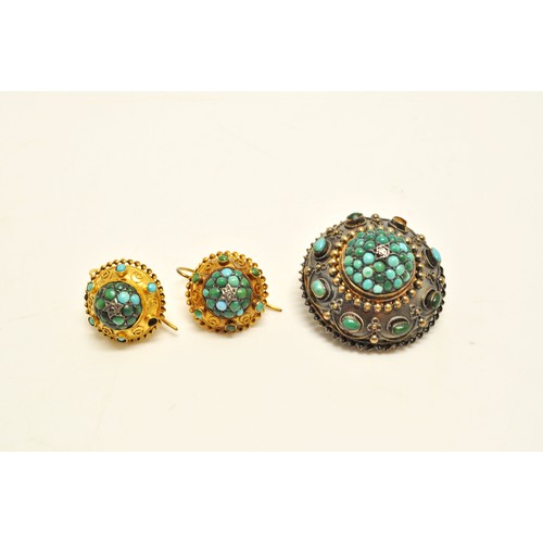 302 - Victorian 15ct turquoise and diamond brooch (approx 38mm) together with matching earrings. A/F