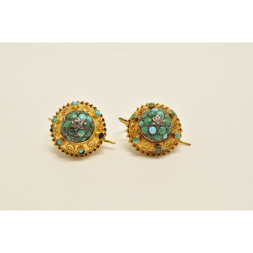 302 - Victorian 15ct turquoise and diamond brooch (approx 38mm) together with matching earrings. A/F