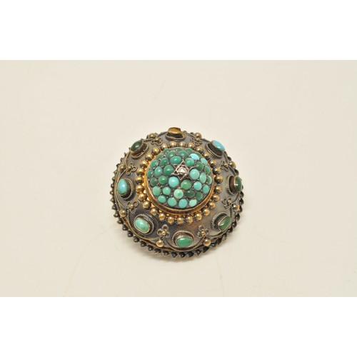 302 - Victorian 15ct turquoise and diamond brooch (approx 38mm) together with matching earrings. A/F