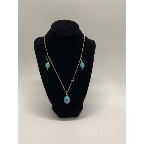 308 - Silver and turquoise necklace and drop earrings, marked sterling 925, approx length of chain 18''