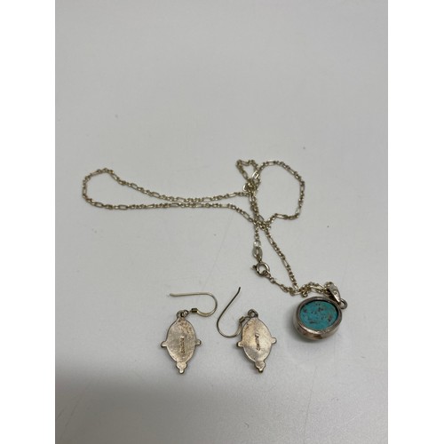 308 - Silver and turquoise necklace and drop earrings, marked sterling 925, approx length of chain 18''