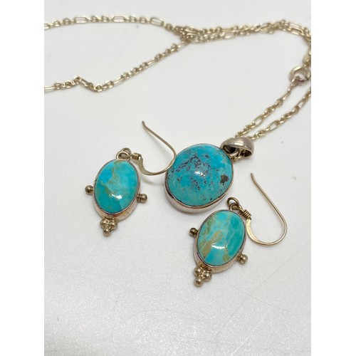 308 - Silver and turquoise necklace and drop earrings, marked sterling 925, approx length of chain 18''