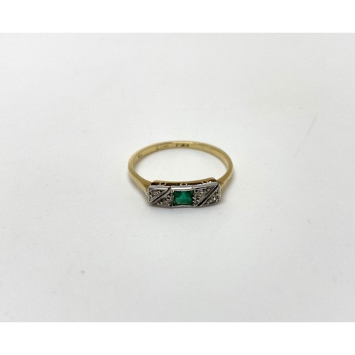 311 - Art Deco 18ct & platinum diamond and emerald ring, approx size n/o, gross approx weight 1.75g.