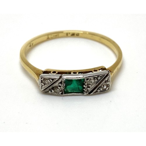 311 - Art Deco 18ct & platinum diamond and emerald ring, approx size n/o, gross approx weight 1.75g.