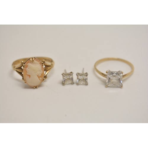 313 - 9ct yellow gold cameo ring approximate size R, 9ct gold CZ ring size O and a pair of CZ stud earring... 