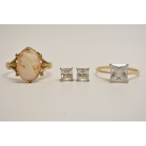 313 - 9ct yellow gold cameo ring approximate size R, 9ct gold CZ ring size O and a pair of CZ stud earring... 