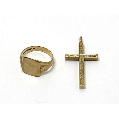 317 - 9ct yellow gold signet ring size R, hallmarked Birmingham, together with 9ct gold cross pendant, hal... 