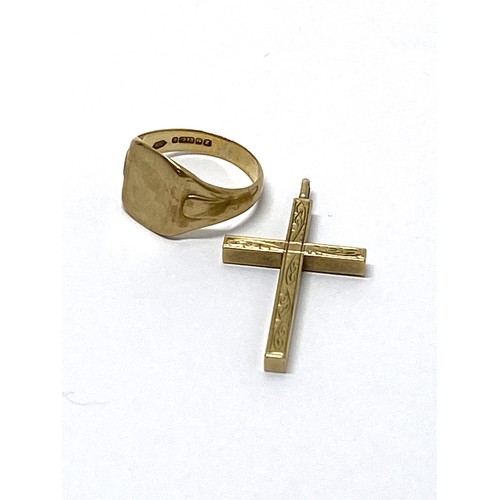 317 - 9ct yellow gold signet ring size R, hallmarked Birmingham, together with 9ct gold cross pendant, hal... 