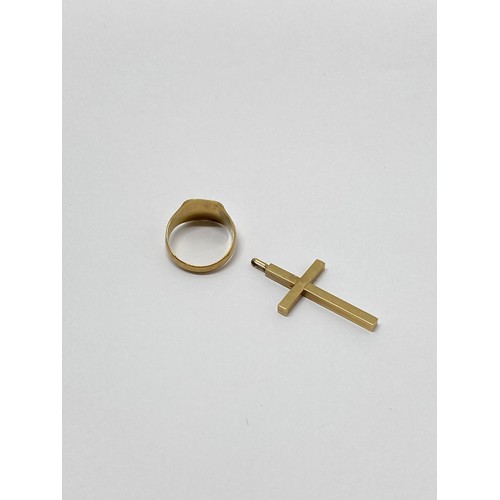 317 - 9ct yellow gold signet ring size R, hallmarked Birmingham, together with 9ct gold cross pendant, hal... 