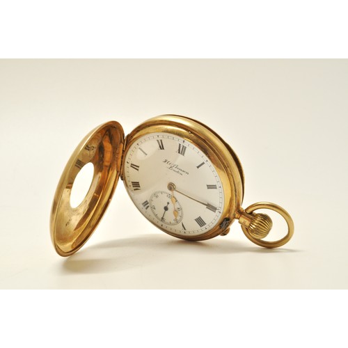 328 - J W Benson 9ct gold half hunter pocket watch,  White dial with black Roman numerals, reads J W Benso... 