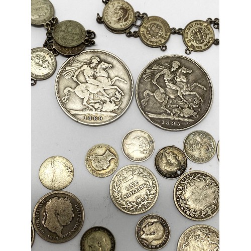 336 - Mixed coinage to include Georgian and Victorian coins, plus 1895 and 1889 silver crowns