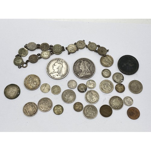 336 - Mixed coinage to include Georgian and Victorian coins, plus 1895 and 1889 silver crowns