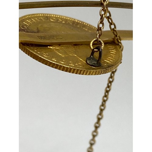 339 - 1911 gold (half) sovereign 9ct gold bar brooch with safety chain, gross weight 6.75 gms.AF