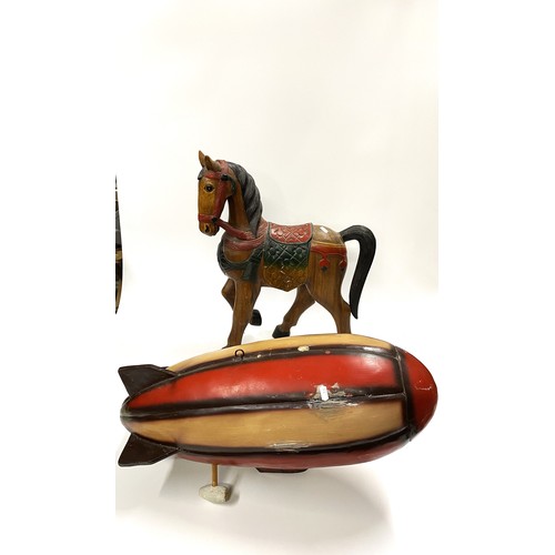 14 - Zepplin Airship together with Freestanding carved wooden horse with paint decoration, approx H25.5