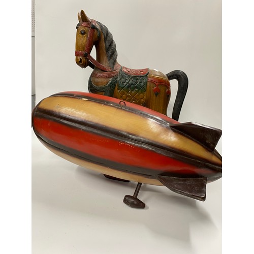 14 - Zepplin Airship together with Freestanding carved wooden horse with paint decoration, approx H25.5