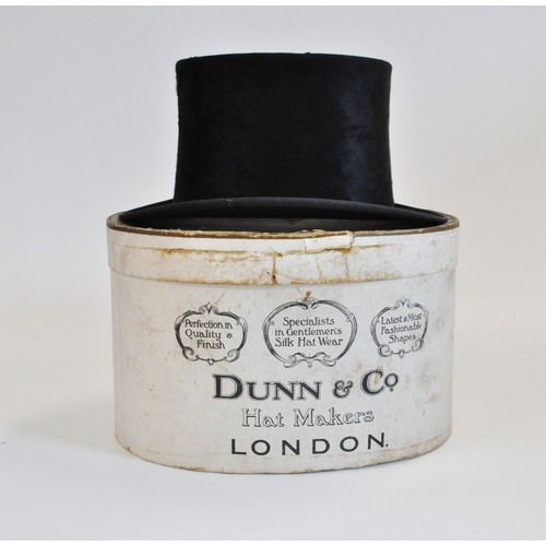 21 - Vintage Dunn & Co London, black silk top hat in original box, together with Battersby & Co London, m... 