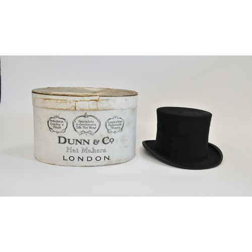 21 - Vintage Dunn & Co London, black silk top hat in original box, together with Battersby & Co London, m... 