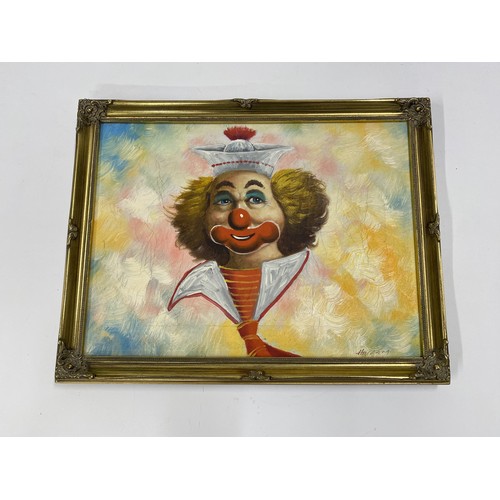 56 - Framed original oil on canvas depicting Clown dressed in sailor attire, signed lower right by artist