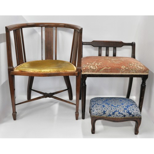 79 - Furniture parcel consisting of Edwardian inlaid tub chair, small footstool with cabriole legs and a ... 