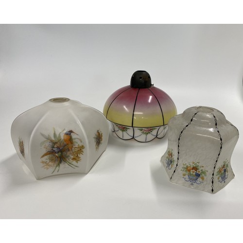 89 - x3 vintage glass ceiling  lamp shades, decorated with floral and bird designs