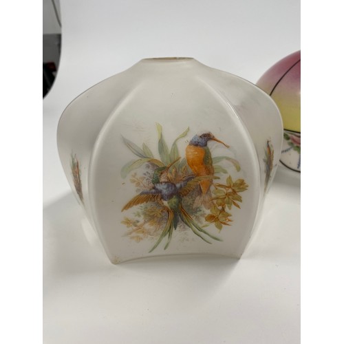 89 - x3 vintage glass ceiling  lamp shades, decorated with floral and bird designs