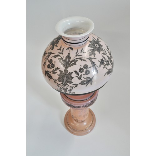 91 - Victorian pink opaline glass table oil lamp, approx 50cms tall, complete with chimney and shade