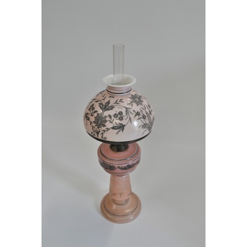 91 - Victorian pink opaline glass table oil lamp, approx 50cms tall, complete with chimney and shade