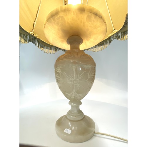 94 - Vintage Onyx Lamp with hand carved floral/leaf design to base, approx H74cm. PAT tested.