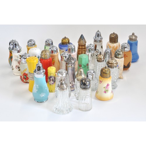 104 - Vintage/retro bundle of various sifters, designs in glass, ceramic etc, 1 hallmarked silver top,  x3... 