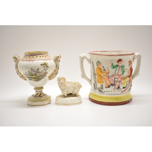 105 - Antique porcelain/ceramic items  to include a twin-handled frog tankard, hand-painted decoration 