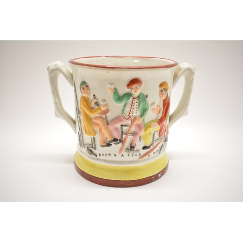 105 - Antique porcelain/ceramic items  to include a twin-handled frog tankard, hand-painted decoration 