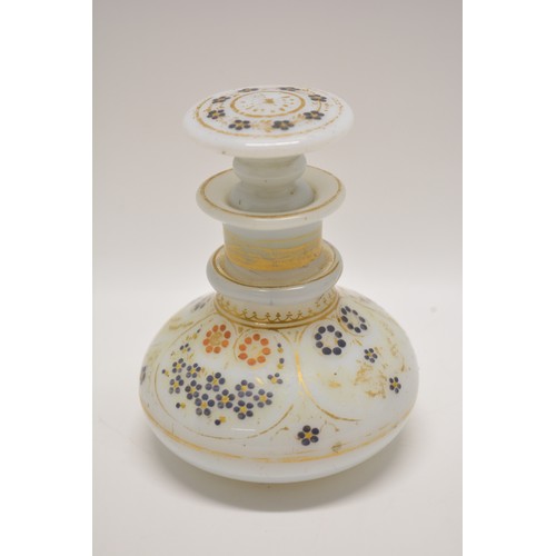 106 - Antique Opaline perfume bottle with stopper. Decorated with hand paint gild design, approx H10cm