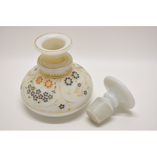 106 - Antique Opaline perfume bottle with stopper. Decorated with hand paint gild design, approx H10cm