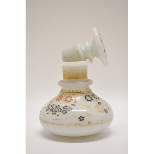 106 - Antique Opaline perfume bottle with stopper. Decorated with hand paint gild design, approx H10cm