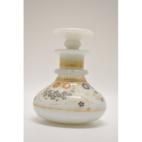 106 - Antique Opaline perfume bottle with stopper. Decorated with hand paint gild design, approx H10cm