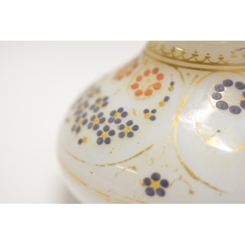 106 - Antique Opaline perfume bottle with stopper. Decorated with hand paint gild design, approx H10cm