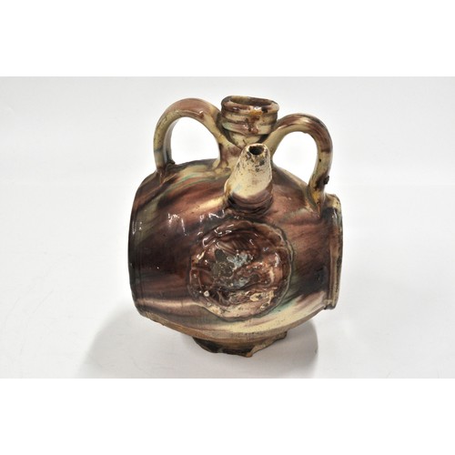 Ancient Pottery Interest -  Antique drip glaze costrel, possibly Beauvais earthenware, barrel-shaped flask with a conical spout at front. Under the spout bird in flight, to the side depicts a stag.