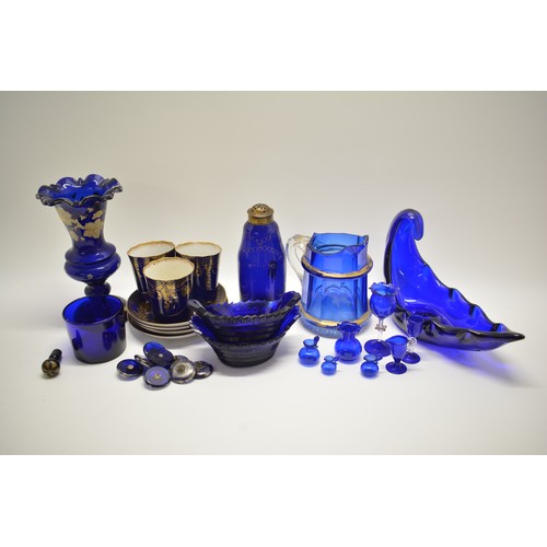 130 - Collection of antique and vintage blue glass, some Georgian and Victorian items including buttons, m... 