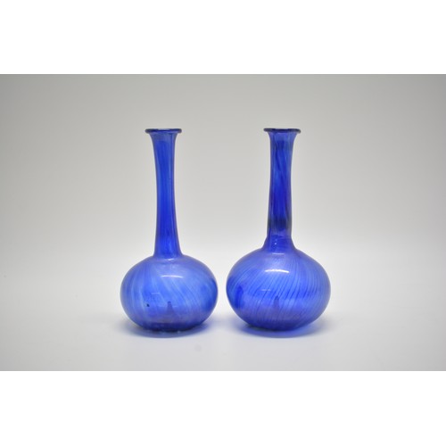 132 - Hand blown pair of delicate blue glass bud vases, approx H12cn