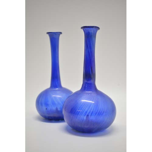 132 - Hand blown pair of delicate blue glass bud vases, approx H12cn