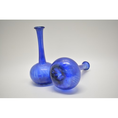 132 - Hand blown pair of delicate blue glass bud vases, approx H12cn